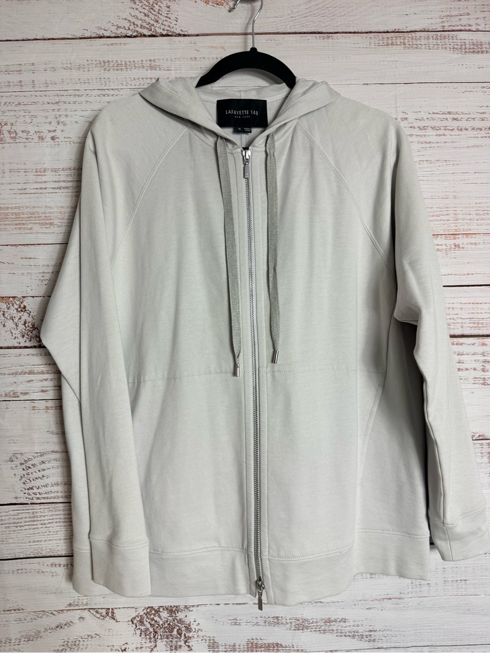 Lafayette 148 New York Light Gray Hooded Zip-Up Jacket 100% Cotton Size M
